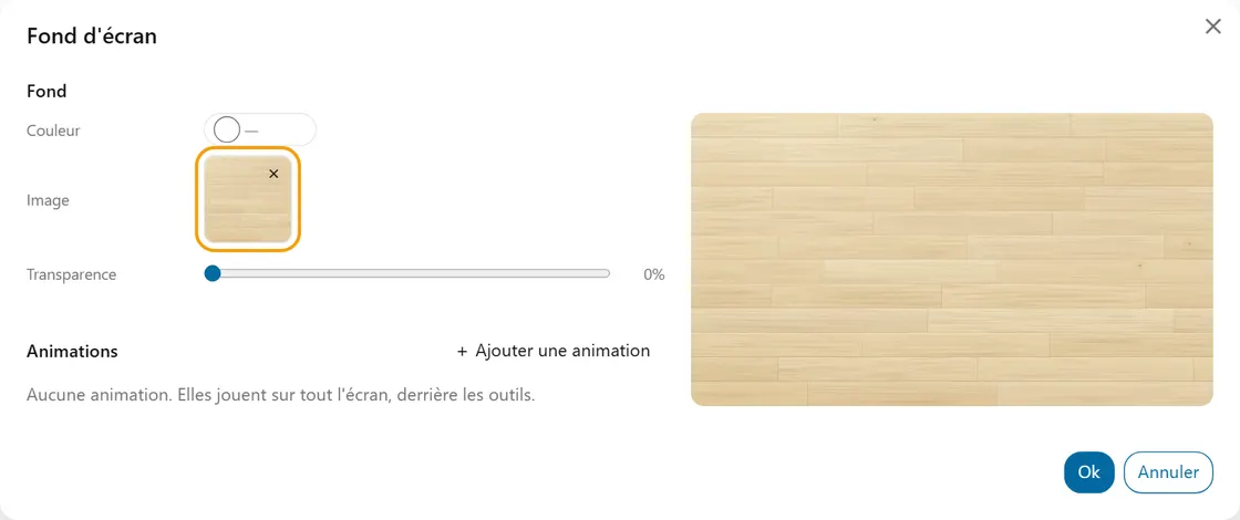 The Background panel: the image thumbnail, outlined, opens the image picker