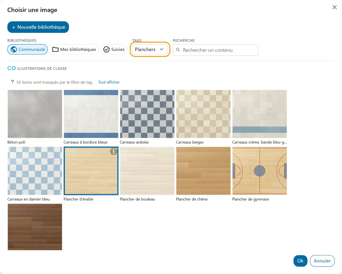 The image picker filtered on the floors of the "Classroom illustrations" bank, the filter outlined